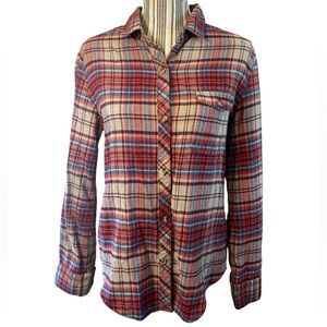 BDG Button-Down Shirt Medium Beige Red Blue Plaid Long Sleeves 100% Cotton Cozy